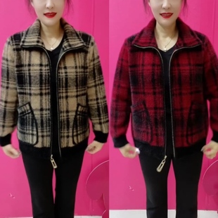 时尚休闲短款金貂绒加厚外套女2025秋冬保暖格子开衫中老年妈妈装