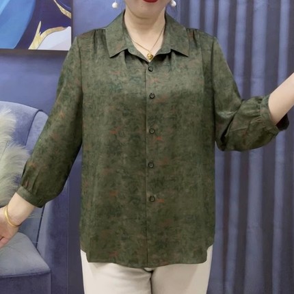 春夏薄款妈妈花色衬衫九分袖翻领绿色宽松百搭小衫中老年系扣开衫