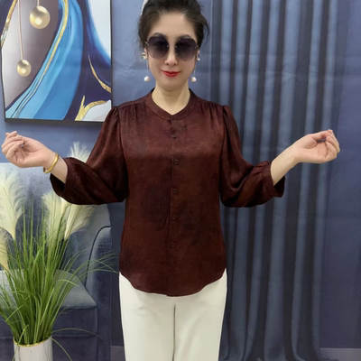 七分袖缎面衬衫圆领贵气开衫上衣