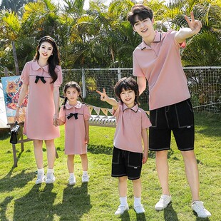 短袖母女亲子装夏装幼儿园夏天一家三四口连衣裙父子polo衫套装潮