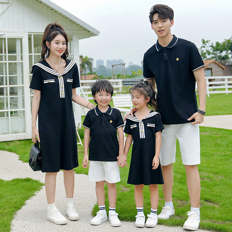 母女装海军领短袖连衣裙一家三四口亲子装夏装2025父子套装家庭款