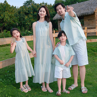 法式亲子装母女装无袖背心裙一家三四口家庭装度假父子短袖衬衫夏