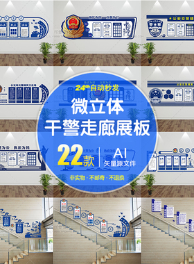 蓝色3D微立体干警文化墙交警走廊展板模板ai矢量图素材