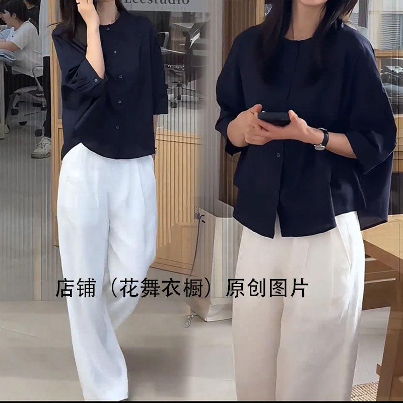 春季新款简约圆领宽松七分袖上衣阔腿裤女装套装显瘦休闲时尚个性