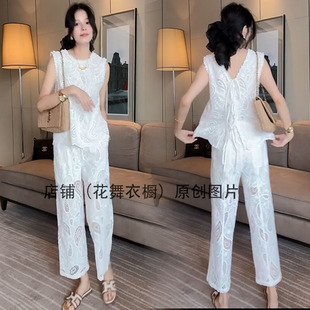 新款 阔腿裤 欧洲站时尚 蕾丝上衣 气质小清新女神范砍袖 2025夏季