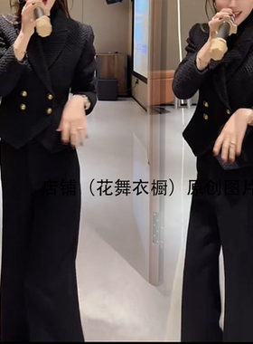 韩版双排扣收腰西装套装女秋冬通勤显气质黑色两件套轻奢气质名媛