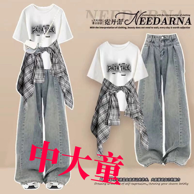 女中大童牛仔裤套装新款韩系夏季