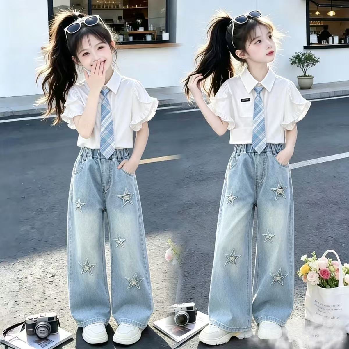 女童洋气儿童牛仔裤中大童两件套