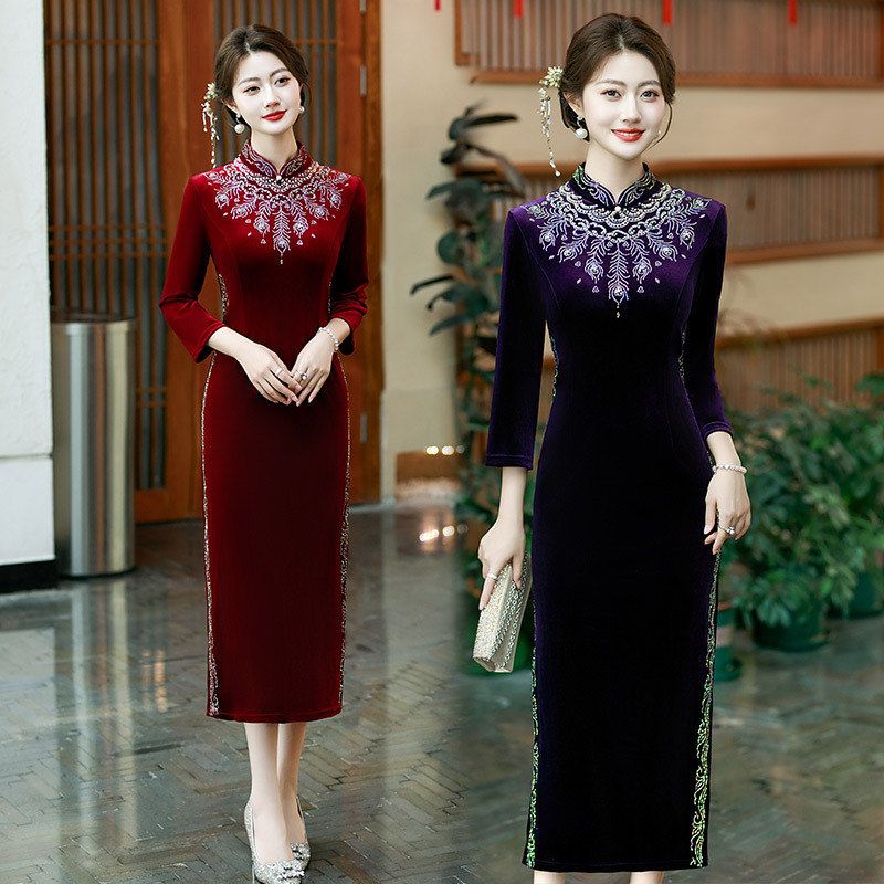 爱旗钉珠长袖女旗袍丝绒婚宴装