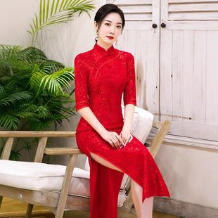 曼玉旗袍冬季迎宾新娘蕾丝长袖女新款礼服敬酒服2023长款红色结婚