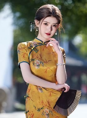 名丽风黄色改良修身名媛春夏民国2025醋酸旗袍裙优雅气质双层长款