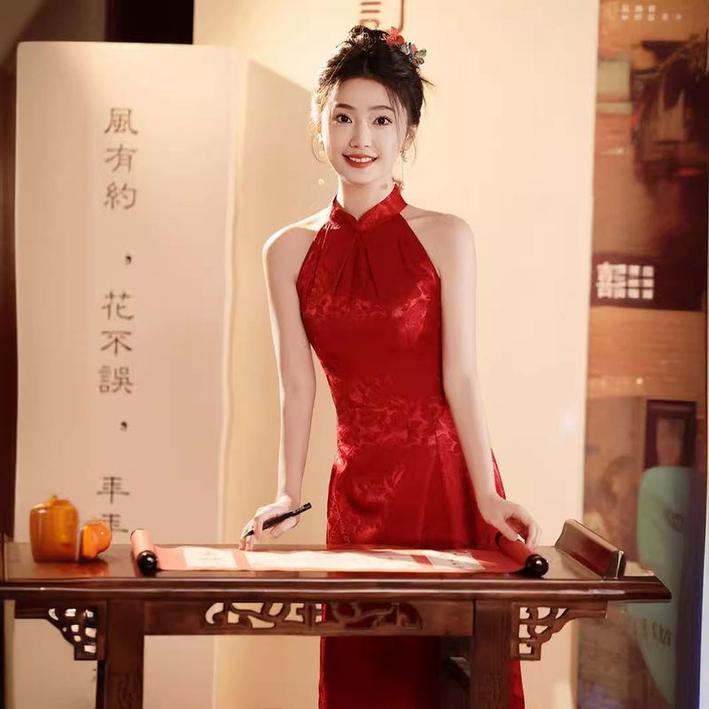 韵格敬酒服旗袍无袖挂脖女新娘晨袍订婚新中式露肩礼服裙红色结婚