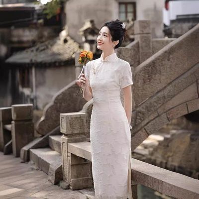 韵格长款连衣裙款白色旗袍登记改良雪纺白裙提花新中式小领证少女