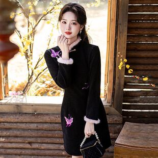 爱旗加绒短款小个子款女连衣裙旗袍年轻长袖加厚2025冬款黑色冬季