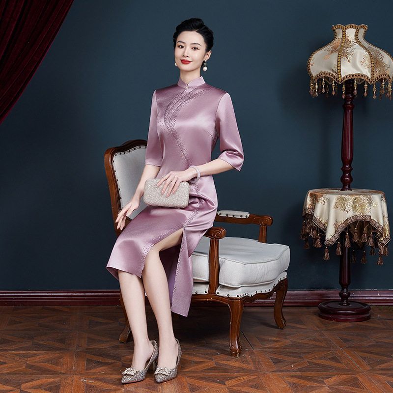奕雯高端礼服中年裙子婚宴喜庆春夏婚礼喜婆婆旗袍修身连衣裙妈妈