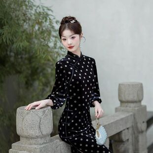 曼玉旗袍气质旧事丝绒文艺复古波点修身日常女民国风老上海显瘦连