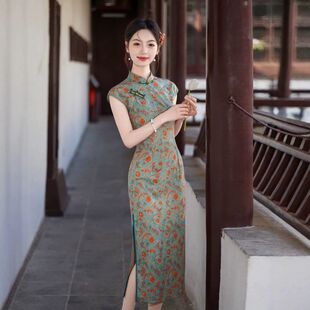 曼玉感款孔雀绿少女年轻印花2026国风新中式旗袍日常碎花夏季连衣