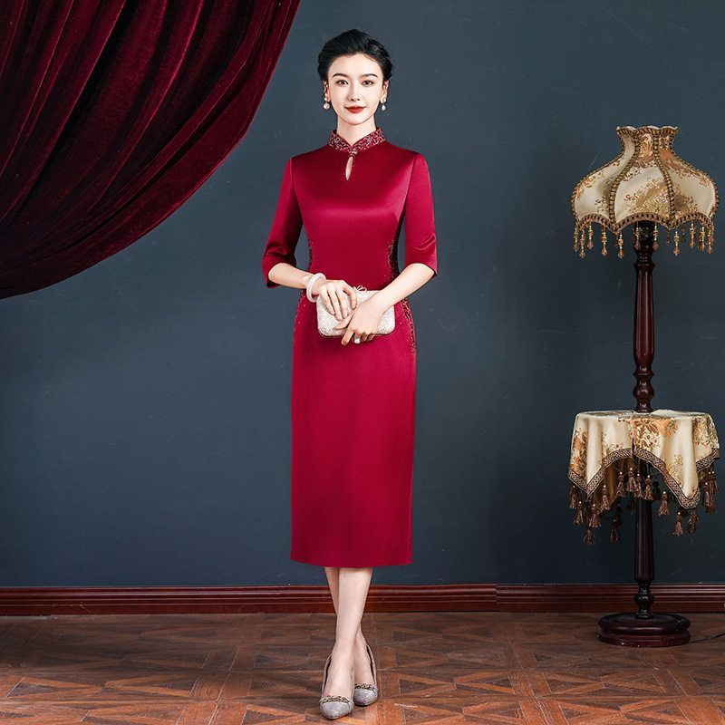 奕雯年轻妈妈装复古长旗袍裙立领礼服大码婚宴结婚中式高端喜婆婆
