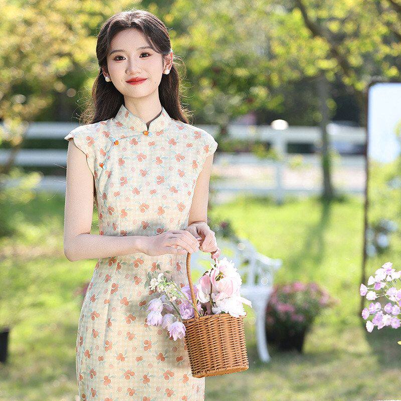 简丽款小低旗袍长款旗袍旗袍无袖新款立领夏季女拖地清新2026开叉
