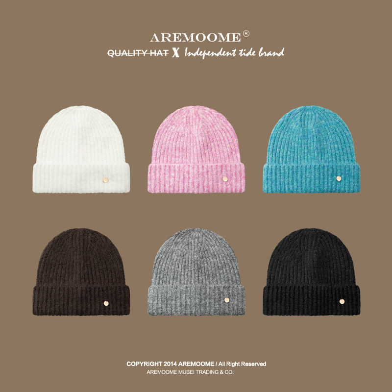 基础款含羊毛针织帽子女秋冬护耳保暖冷帽金属标显脸小薄款毛线帽