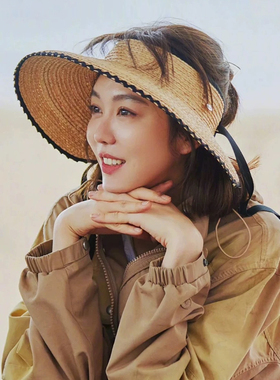 拉菲草帽女姜妍同款空顶帽夏季出游大帽檐遮阳防晒帽子百搭显脸小