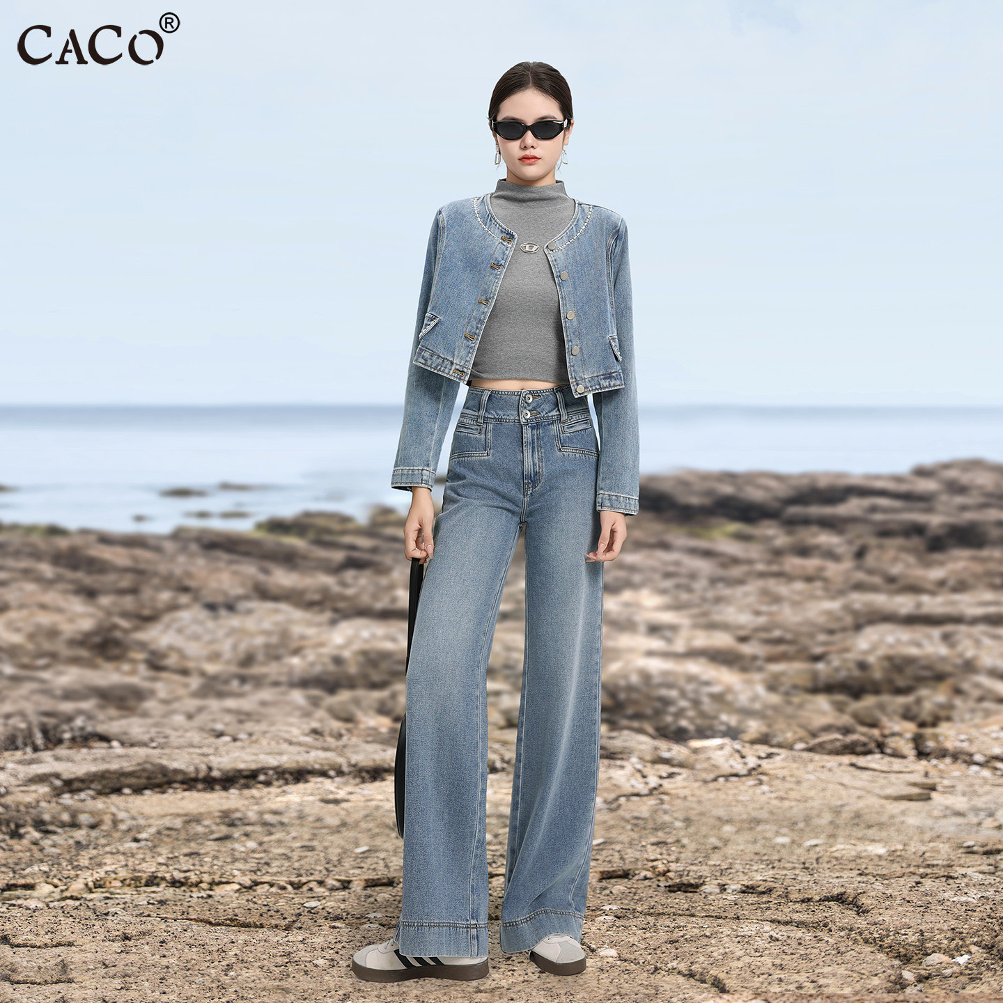 CACO洋气设计感两件套牛仔套装