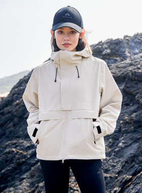 户外工装风防水冲锋衣女春秋连帽拉链硬壳登山外套夹克连帽加厚