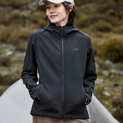 防泼水软壳冲锋衣显瘦户外外套加绒春秋季连帽修身休闲潮流薄款女