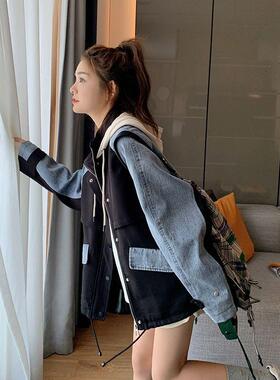 春秋卫衣连帽牛仔拼接短款外套韩版宽松学院风上衣春秋2026新款