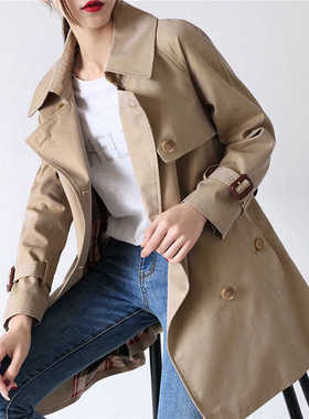 高档双排扣重工西装领休闲风衣女韩版小个子正肩中长款气质外套春