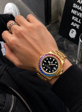BAPEX金彩虹镶钻圈嘻哈潮牌潮流手表男机械防水蓝宝石精钢猿人头