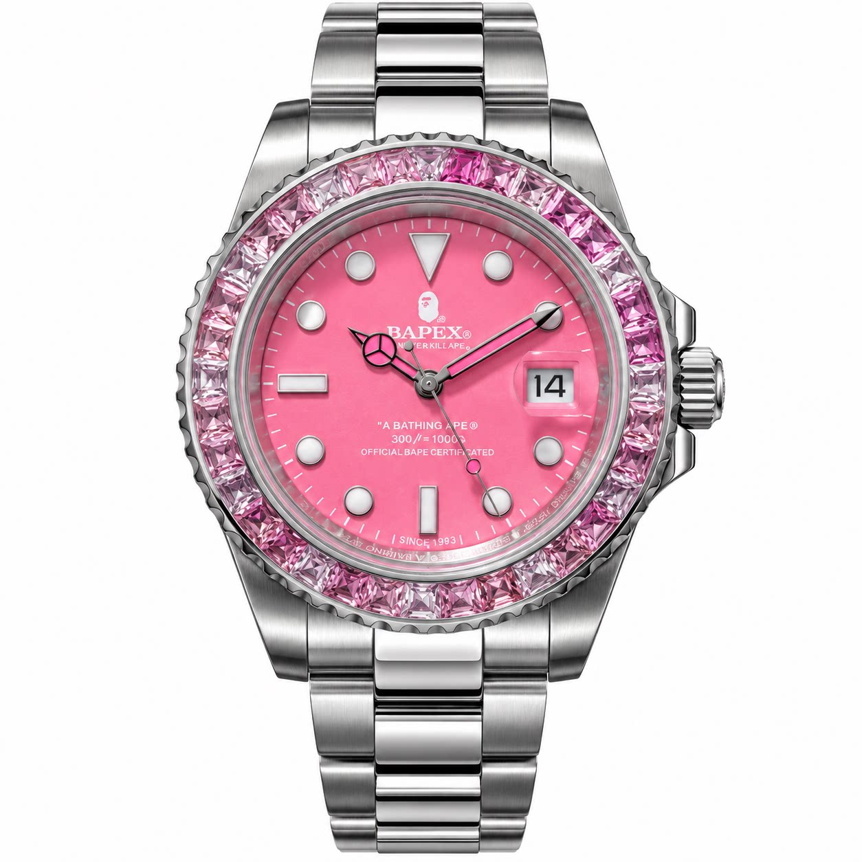 BAPEX TYPE 1粉钻水鬼机械防水精钢腕表女潮牌水鬼轻奢百搭樱花粉