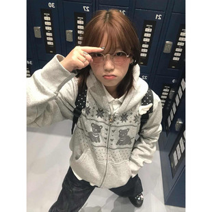 韩系小熊连帽卫衣外套女秋冬慵懒风大童初中高中学生宽松短款 开衫