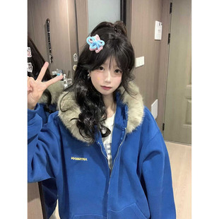 国潮牌毛领连帽卫衣女秋冬加绒宽松美式外套大童初中高中学生上衣