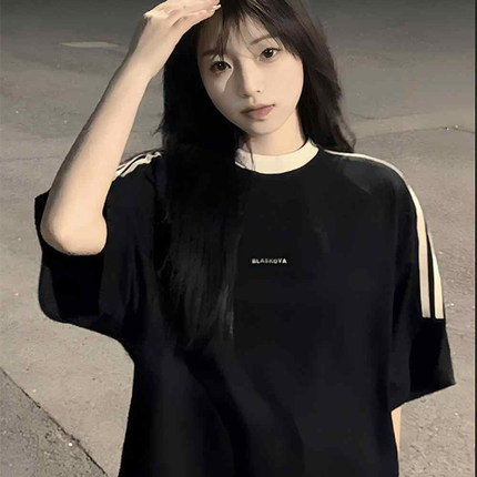 美式黑色三条杠短袖t恤女大童夏装2025初中高中学生宽松半袖上衣