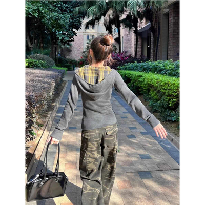 美式复古格子连帽卫衣女春秋季