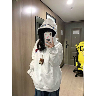 国潮牌藏青色字母刺绣卫衣女秋冬季加绒加厚大童初中高中学生外套