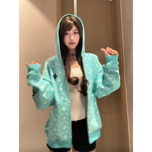 美式 大童初中高中学生外套 高街十字架连帽卫衣女秋冬加绒宽松开衫