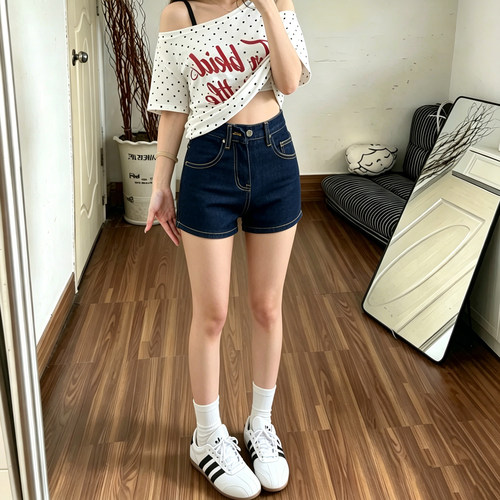 深蓝色阔腿牛仔短裤女夏季大