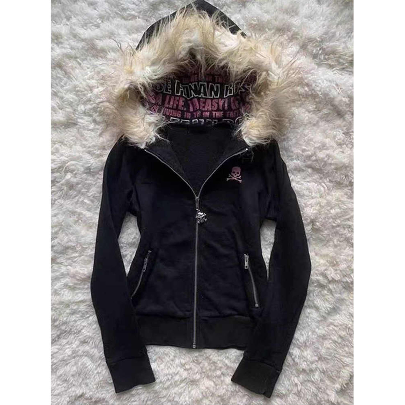 字母印花黑色开衫连帽卫衣