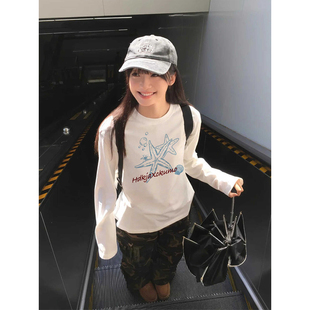 美式复古纯棉长袖t恤女秋冬季白色宽松大童初中高中学生上衣打底