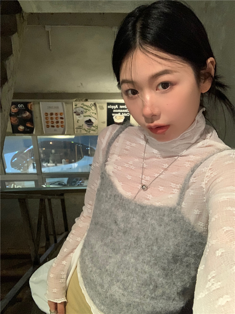 KOREAN HIGH-NECK JACQUARD LACE SHIRT WOMENS 2024 SPRING NEW SLIM SLIM AND THIN BASE SHIRT + SLEEVELESS VEST SUSPENDERS