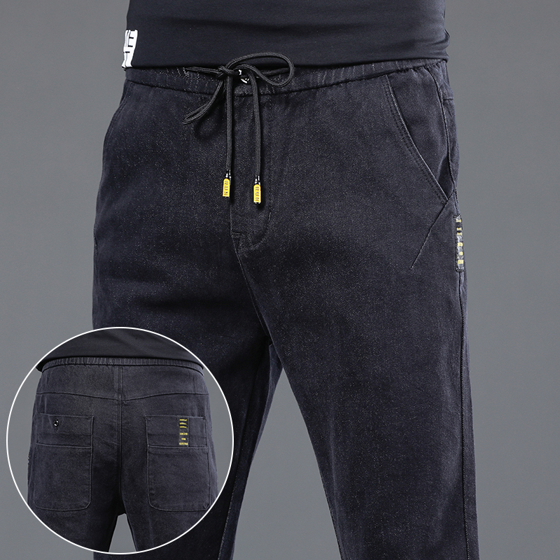 春秋松紧腰牛仔裤男士潮流季2024新款宽松长裤子系带男裤弹力长裤