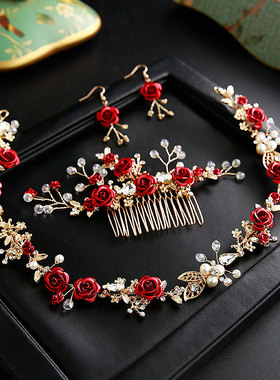 新款红色新娘头饰红装敬酒服发饰韩式头花饰品2025结婚中式配饰