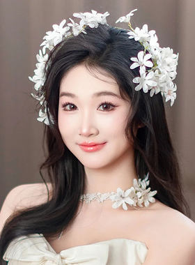 森系新娘头饰新款白色花朵超仙发夹项链套装婚礼氛围感头花配饰