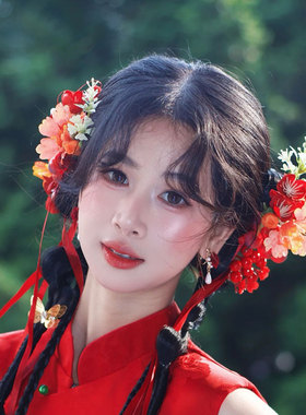 红色国潮风复古花朵发夹仿真花森系甜美减龄新娘配饰