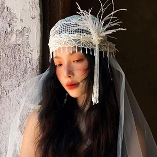 新娘头饰超仙手工串珠法式复古蕾丝创意新娘头饰纱网纱帽婚纱发饰
