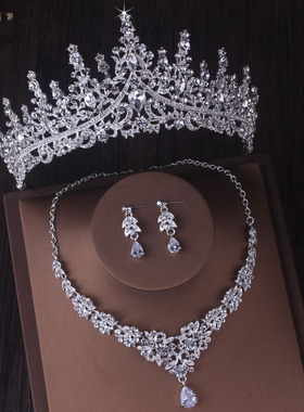 新娘饰品结婚皇冠婚纱套链水钻锆石王冠项链耳环三件套晚礼服韩式