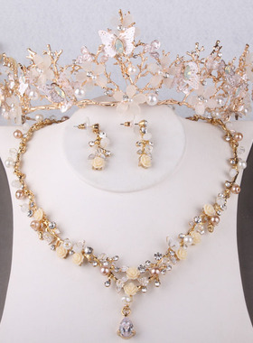 新娘婚纱浅金色手工原创项链耳环