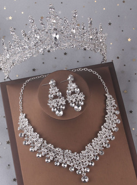 热卖新娘套链结婚饰品欧式大皇冠婚纱水钻项链耳环三件套晚礼服女